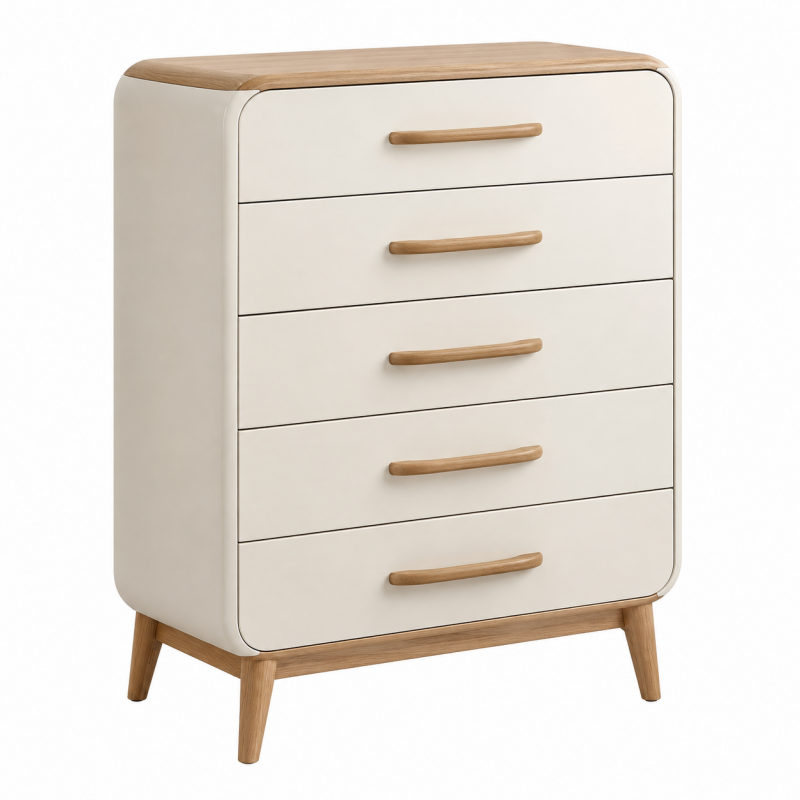 Komoda 80 x 40 x 110 cm kremowa z drewnianymi uchwytami - 5 szuflad