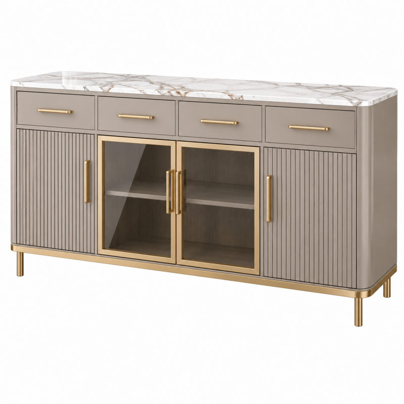 Komoda 160 x 40 x 85 cm taupe ze szklanymi drzwiami i blatem o wyglądzie marmuru