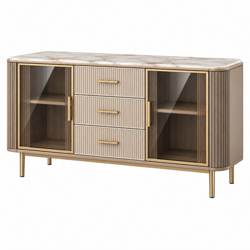 Komoda 160 x 40 x 85 cm beżowa ze szklanymi drzwiami i szufladami w stylu glamour