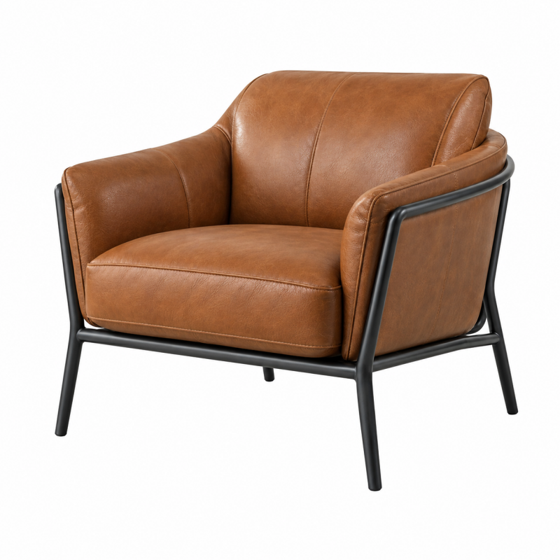 Fotel 85 x 80 x 78 cm z brązową tapicerką ze skóry syntetycznej i czarną metalową ramą w stylu loftowym